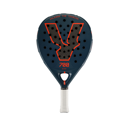 Front view of the Volt 700 V5 padel racket, showcasing its beautiful dark blue and fluor orange design with its 3K Tweel carbon pattern inside the big logo.