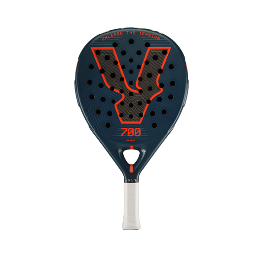 Front view of the Volt 700 V5 padel racket, showcasing its beautiful dark blue and fluor orange design with its 3K Tweel carbon pattern inside the big logo.