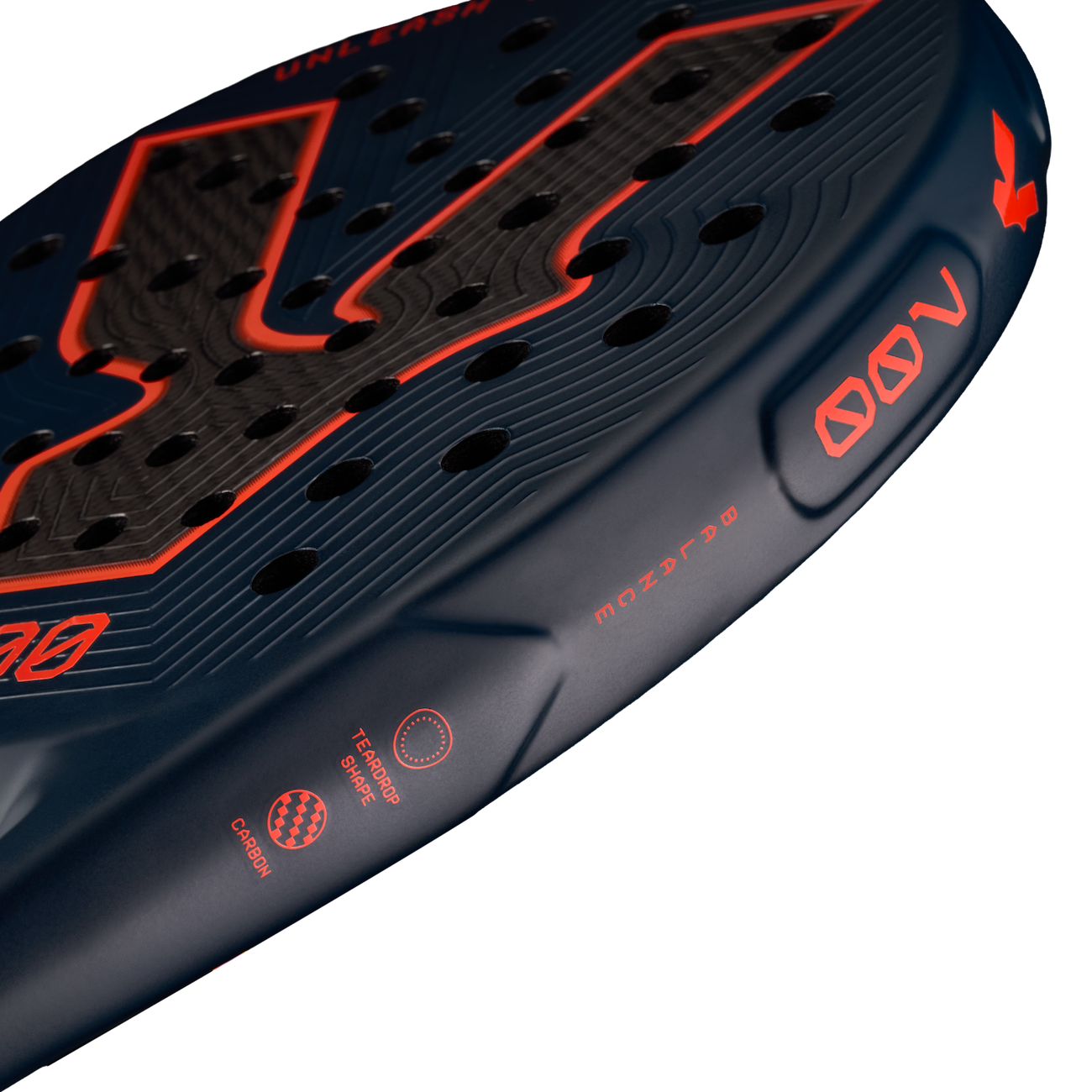 Side detail of the Volt 700 V5 padel racket, showcasing the its beautiful dark blue and fluor orange 700 letters and other details, with its 3K Tweel carbon pattern inside the big logo.