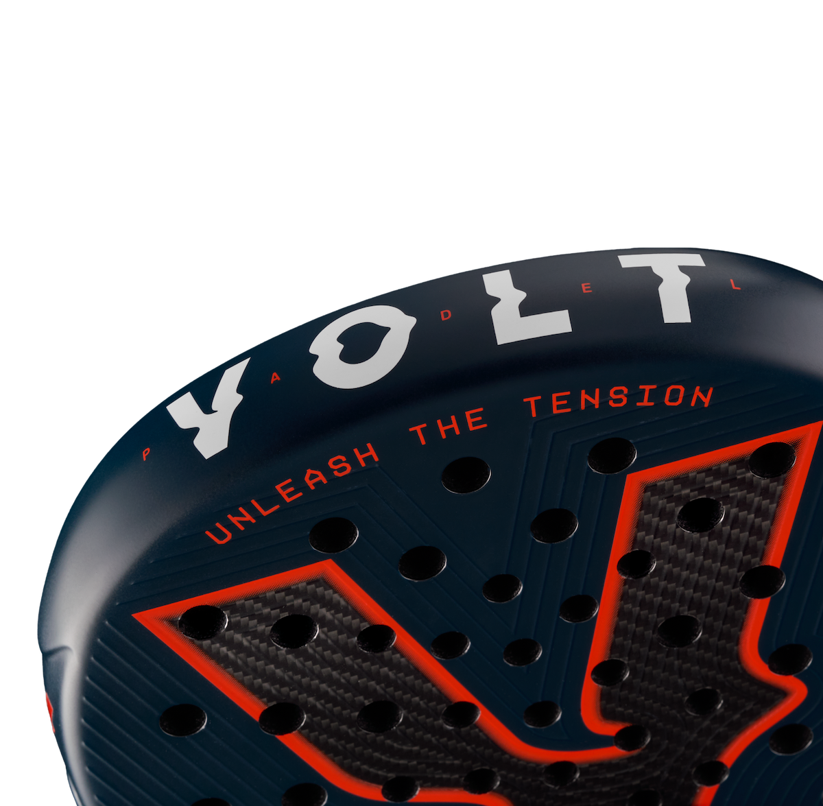 Top detail of the Volt 700 V5 padel racket, showcasing the flashy white Volt logo and highlighting  3K Tweel carbon pattern inside the big logo.