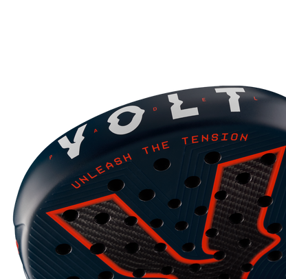 Top detail of the Volt 700 V5 padel racket, showcasing the flashy white Volt logo and highlighting  3K Tweel carbon pattern inside the big logo.