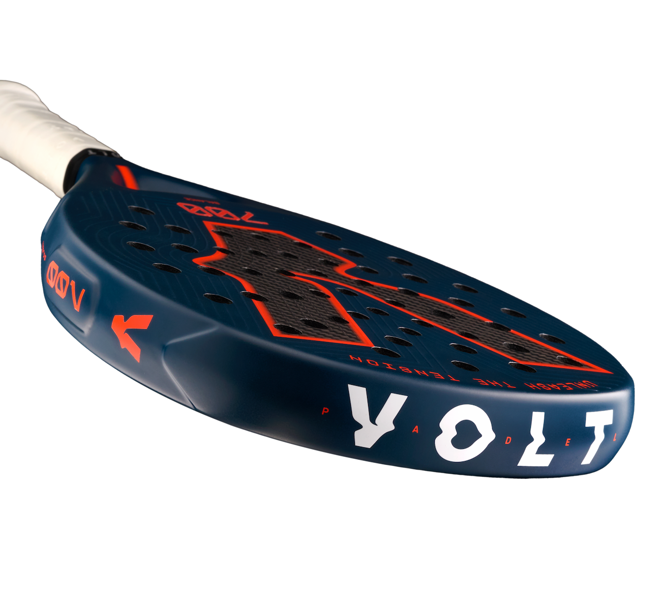 Top detail of the Volt 700 V5 padel racket, showcasing the flashy white Volt logo and the fluor orange details on the side
