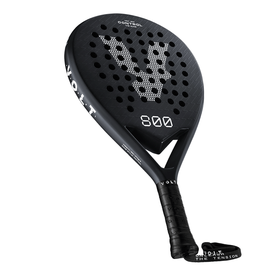 Angled view of the Volt 800 V4 padel racket, showcasing its black carbon finish and '800' branding for high-performance play.