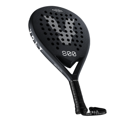 Angled view of the Volt 800 V4 padel racket, showcasing its black carbon finish and '800' branding for high-performance play.