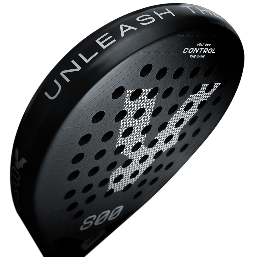 Close-up of the Volt 800 V4 padel racket, focusing on the edge design and sleek branding details.