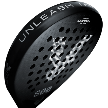 Close-up of the Volt 800 V4 padel racket, focusing on the edge design and sleek branding details.