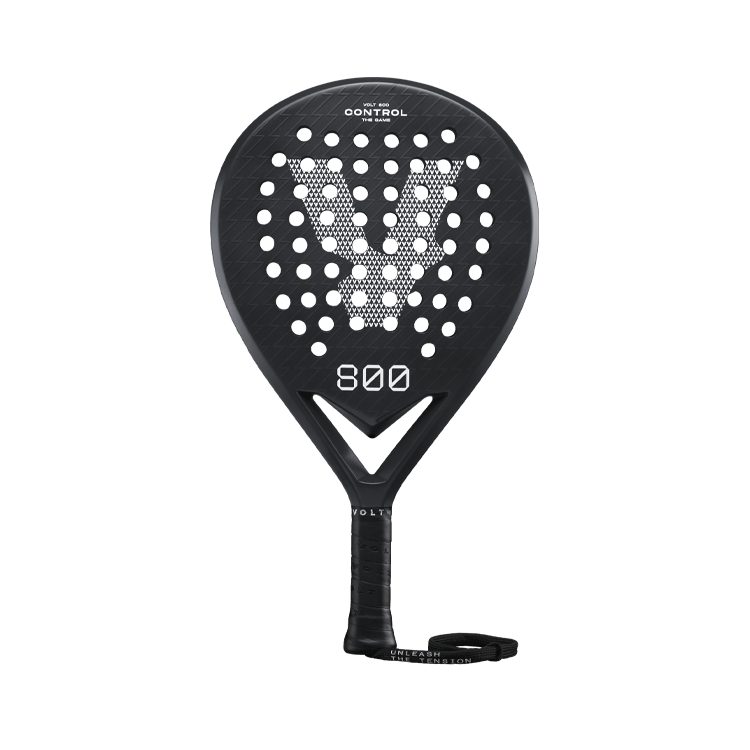 Front view of the Volt 800 V4 padel racket, highlighting its perforated carbon face and minimalist branding.