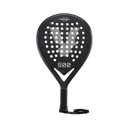 Front view of the Volt 800 V4 padel racket, highlighting its perforated carbon face and minimalist branding.