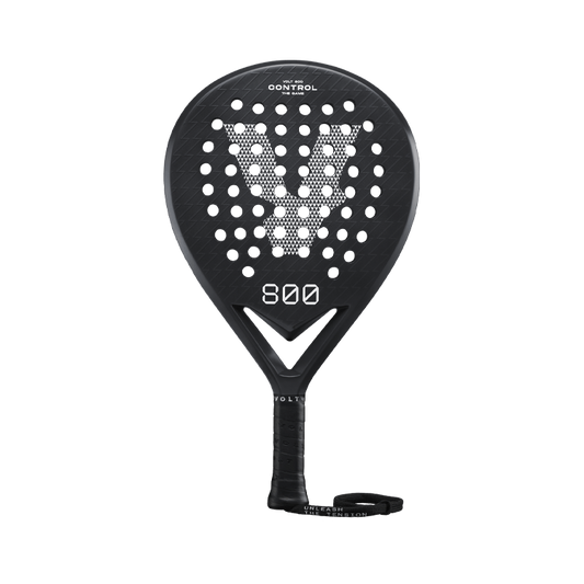 Front view of the Volt 800 V4 padel racket, highlighting its perforated carbon face and minimalist branding.