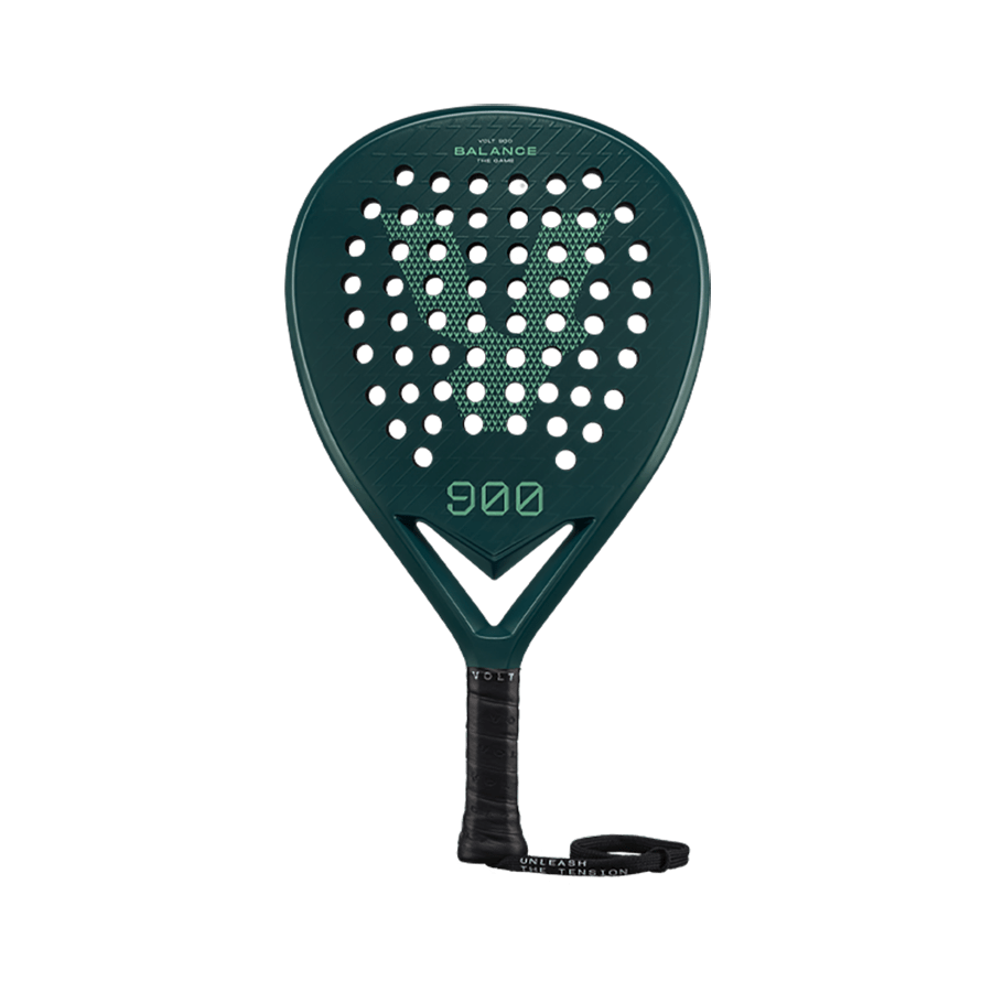 Front view of the Volt 950 V4 padel racket, showcasing its carbon fiber pattern, white branding, and perforated design for optimal performance.