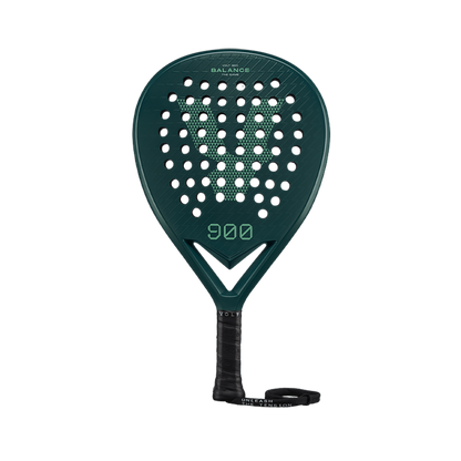 Front view of the Volt 950 V4 padel racket, showcasing its carbon fiber pattern, white branding, and perforated design for optimal performance.