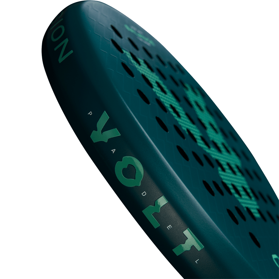 Detailed side view of the Volt 900 V4 padel racket, highlighting the Volt branding and perforated surface.