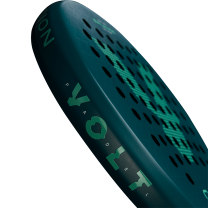 Detailed side view of the Volt 900 V4 padel racket, highlighting the Volt branding and perforated surface.