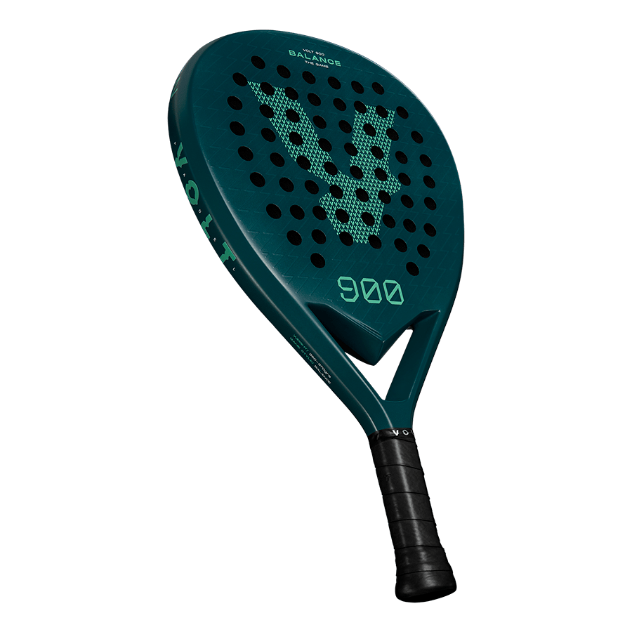 Side view of the Volt 900 V4 padel racket, featuring its green carbon finish, perforations, and sleek design.