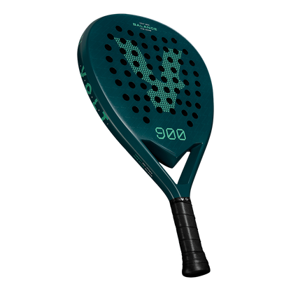 Side view of the Volt 900 V4 padel racket, featuring its green carbon finish, perforations, and sleek design.