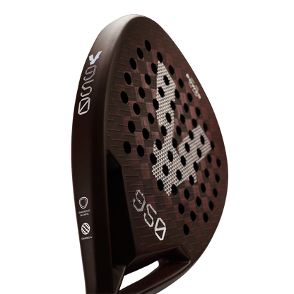 Angled view of the Volt 950 V4 padel racket, showcasing the diamond shape design, carbon material, and '950' logo in white.