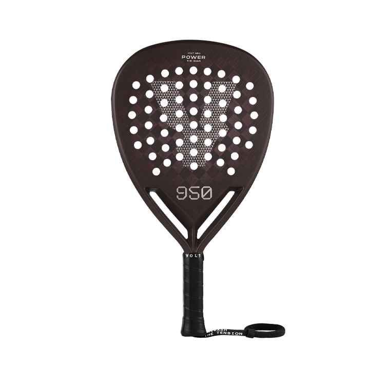 Front view of the Volt 950 V4 padel racket, showcasing its carbon fiber pattern, white branding, and perforated design for optimal performance.