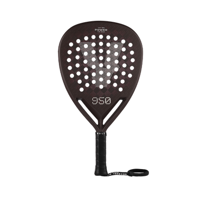Front view of the Volt 950 V4 padel racket, showcasing its carbon fiber pattern, white branding, and perforated design for optimal performance.