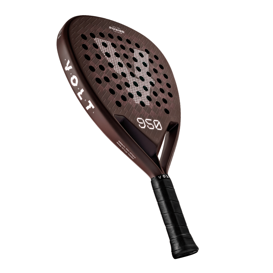 Side view of the Volt 950 V4 padel racket, highlighting its brown carbon finish, perforations, and white Volt branding.