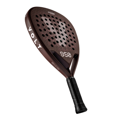 Side view of the Volt 950 V4 padel racket, highlighting its brown carbon finish, perforations, and white Volt branding.