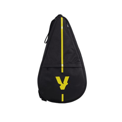 Protective cover for the Volt padel racket in black, featuring an elegant design with a yellow Volt logo and a side zipper.